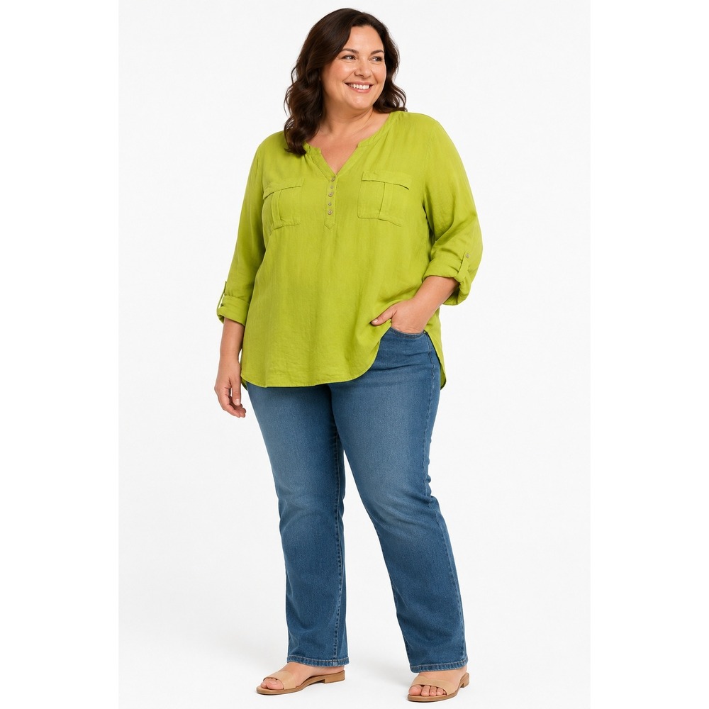 Lime Green Henley Top XXL Linen Breathable Casual Lagenlook Utility Roll Tab